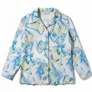 Gingham‎ Girl Abstract Geometric Print Button Up Blouse, Blue Yellow, Women's 18